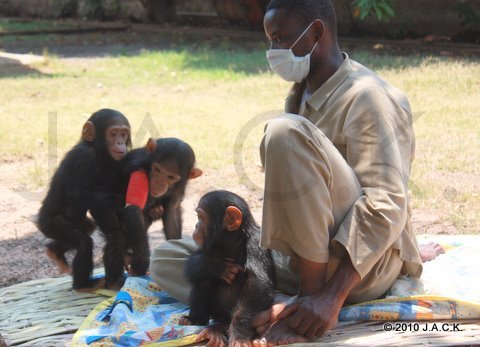 Nalia (left), Tommy (bandage) and Ekolo with Papa Augustin